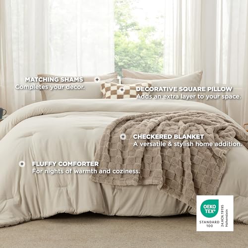 Image of Bedsure Comforter Full Size 5 Pieces - Full Size Comforter Set with Checkered Throw Blanket and Decorative Pillow, Lightweiget Bedding, All Season Bedding Sets, Linen Beige