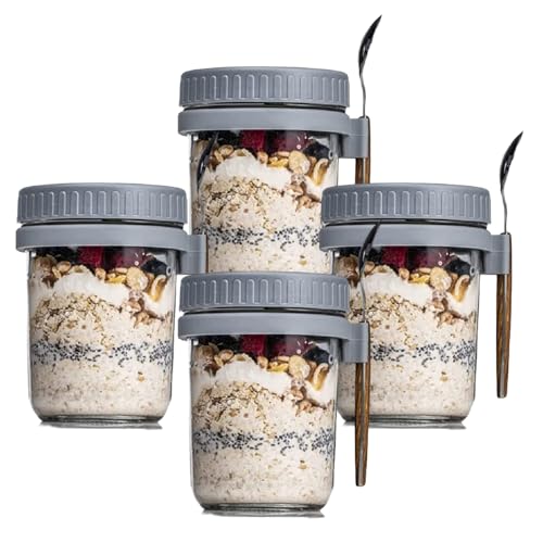 Comioke Overnight Oats Jar, Bocaux en Verre Hermétique, Bocaux en Verre avec Couvercle Hermétique, Lot de 4 Pots pour Overnight Oats, pour Gruau de Nuit,Pudding,Porridge