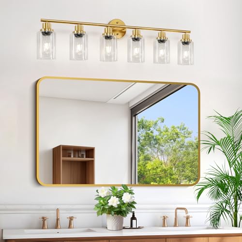 Image of 6-Light E26 Gold Bathroom Vanity Lights, Modern Bathroom Light Fixtures with Clear Glass Shade, Wall Lamps for Mirror Hallway Kitchen Cabinet Living Room Sconces Lights