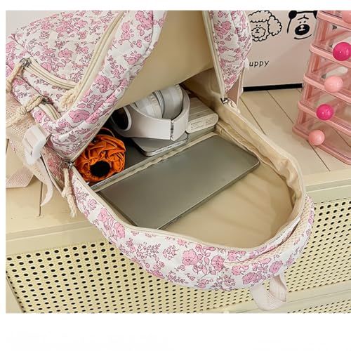 3Pack Coquette Quilted Backpack for Women, Cute Floral Nylon Rucksack Large Capacity with Small Lunch Bag (pink)4