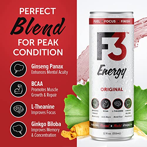 F3 Energy - Original Energy Drink, Muscle Building Sports Drinks W/Bcaa, Panax Ginseng And Ginkgo Biloba, Natural Energy Drinks For Strength, Mental Focus, And Muscle Recovery, 355 Ml (12 Pack) #TOP2