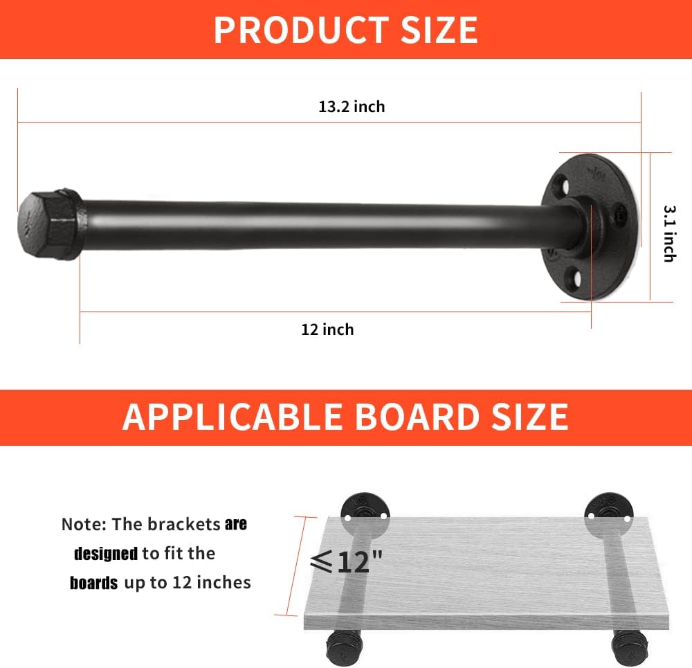 Pipe Shelf Brackets 12 Inch, Industrial Iron Pipe Floating Shelf Bracket Heavy Duty Metal Shelving Brackets for Shelves- 6 Pack Black (12 inch-6 Pack)