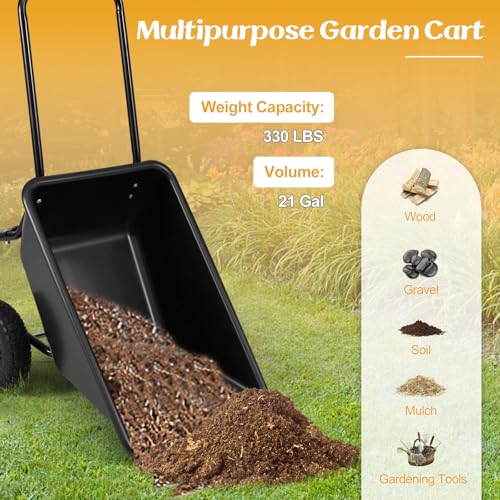 Image of Goplus 2 Wheel Wheelbarrow, 330 LBS Utility Garden Cart with 10 inch Pneumatic Tires & Handle, 21 Gal Volume, Yard Dump Cart Wheel Barrow, Heavy Duty Wheel Barrow for Lawn (Black Handle+Black Cart)