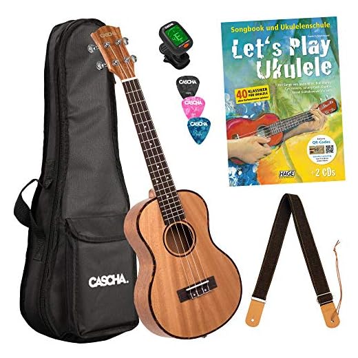 CASCHA Premium Mahagoni Sopran ukulele, liten Hawaii-gitarr, ukulele för nybörjare med Aquila-strängar och 3 plektrum Låt oss spela Ukulele nybörjarset 26 tum Tenor Let's Play Ukulele Einsteiger Set
