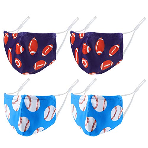 SAVANNAH Kids Washable Cloth Mask Face Coverings Baseball Boy Masks Reusable 3-10 Years Old Toddler Football Sports Protective Adjustable Ear Loops Mask with Filter Pocket (Pack 4)