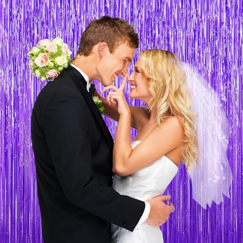 Image of Purple Foil Curtain Backdrop, 2Pack Metallic Tinsel Foil Fringe Curtains Photo Booth Props for Birthday Wedding Engagement Bachelorette Baby Shower Christmas Holiday Celebration Party Decorations
