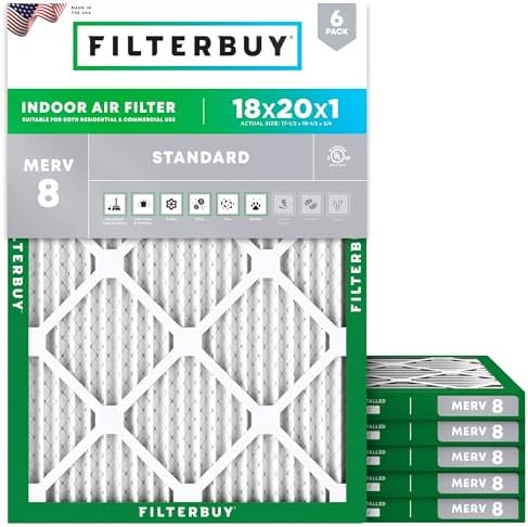 Filterbuy 18x20x1 Air Filter MERV 8 Essential Dust & Allergy Defense (6-Pack), Electrostatic Pleated HVAC AC Furnace Filters Replacement, Made in USA (Actual Size: 17.50 x 19.50 x 0.75)