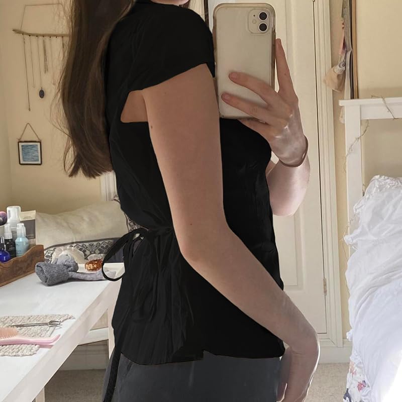 Seyumixi Y2k Button Up Shirt Women Short Sleeve V Neck Cropped Blouse Slim Fitted Collared Top Cute Preppy Coquette Tops - Image 5