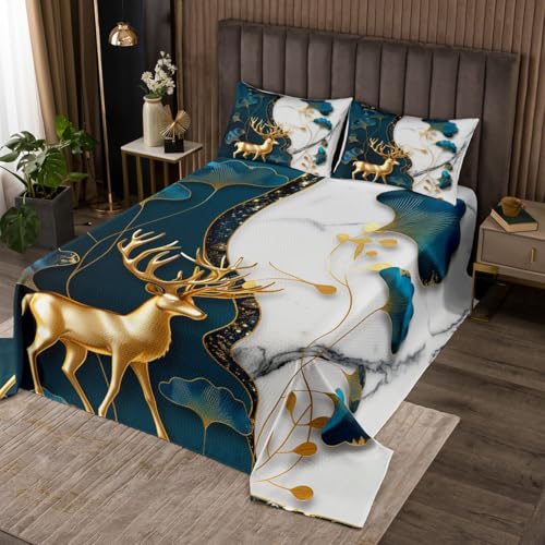 Manfei Kids Gold Deer Bedspread Queen Size, Ginkgo Leaves Print Coverlet Set 3pcs for Boys Teens Room Decor, Black White Marble Quilted Coverlet with 2 Pillowcases, Soft Polyester Bedding Quilt
