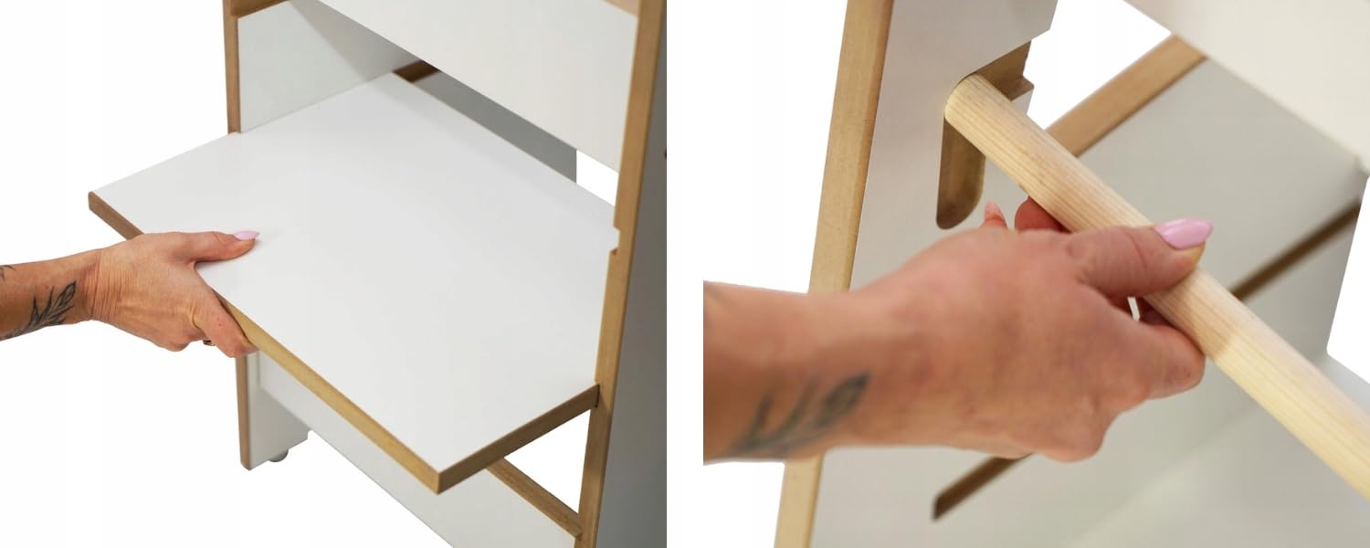 Skyline Steh und Lernturm Baby ab 1 Jahr Montessori Learning Tower Höhenverstellbar Tritthocker Kinder Indoor Möbel Kinderzimmer Trittschemel Kitchen Helper Hochstuhl (Weiß mit Giraffe)