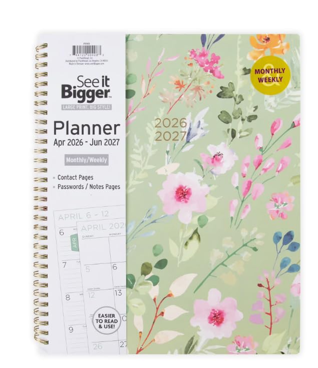 PlanAhead See IT Bigger Specialized Large Print, April 2026- June 2027 Weekly Monthly Large Planner, Size 8.5' x 11'/FLOWERS