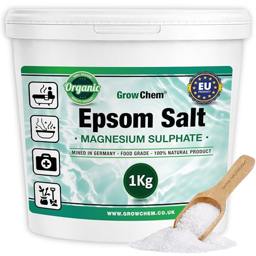 Grow Chem Natural Epsom Salts (1KG Bucket) Pure Food Grade Magnesium Sulphate Mineral 100% Natural Salts Mined in Germany - for Health Detoxification Muscle Relief Exfoliating & Gardening