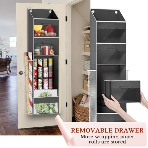 Over Door Wrapping Paper Organizer Storage with 3 Removable Drawers & Side Pockets – Dual Use Design with Elastic Straps – Christmas Gift Wrap Storage for Ribbons, Bows, Ornament and Other Tools 1Pack by Ofiray-home - Image 3
