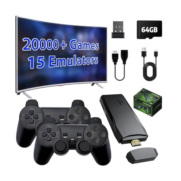 Upgrade Wireless Retro Game Console Stick, ZeroStory Retro Video Game Console Stick Built in 20000+ Games with 15 Emulators, 4K HDMI Output with 2 2.4G Wireless Controllers (64GB Memory Card)