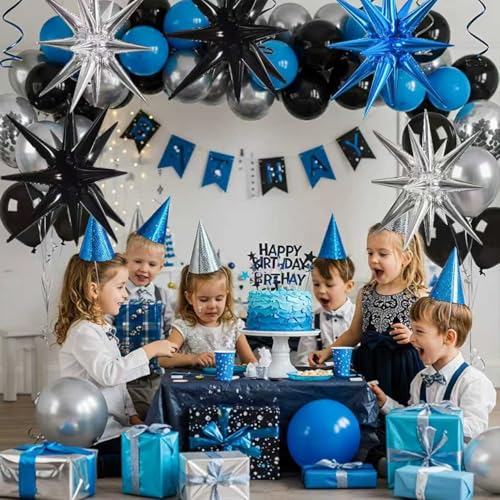 Image of TONIFUL 8Pcs Blue Black Silver Explosion Star Foil Balloon Party Decoration | 22 Inch Large Mylar Star Balloon for 30th 40th Men's Birthday Dark Space Themed Baby Shower Bachelorette New Year Party Decor