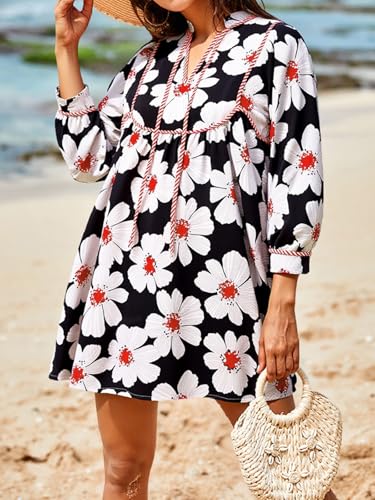 Image of Cicy Bell Womens Floral Mini Dresses 3 /4 Balloon Sleeve V Neck Flowy Babydoll Dress Summer Beach Vacation Boho Outfits