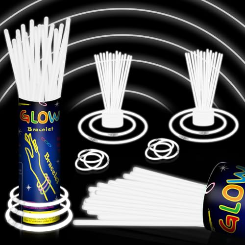 120 Pcs 8 White Glow Sticks Bulk Glow Necklaces and Bracelets Set with Connectors Bright Neon Glow in The Dark Party Favors for Birthday Christmas New Year Halloween 4th of July Wedding Carnival