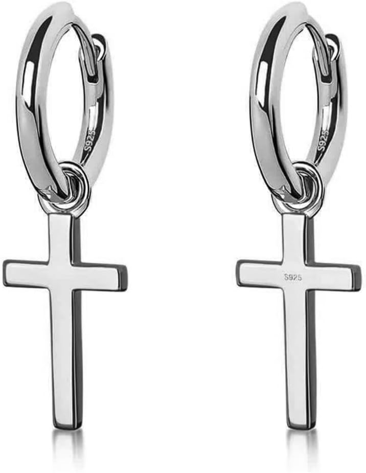 Men’s Solid White Gold Plated 925 Sterling Silver Drop Dangle Cross Huggie Hoop Earrings Trendy 15mm Hypoallergenic Lightweight Huggie Cross Hoops Dangling Earrings for Men