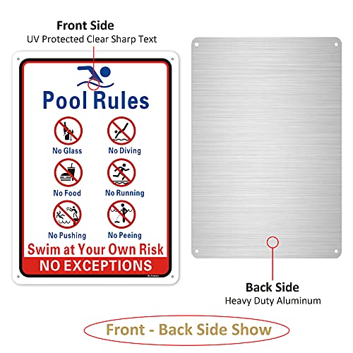 Pool Rules Sign, No Diving No Glass Metal Sign, No Food No Pushing No Running No Peeing In Pool Swim At Your Own Risk Signs, 14 X 10 Inches Rust Free Rust Free Aluminum, Easy Mounting (2 Pack ) #TOP1