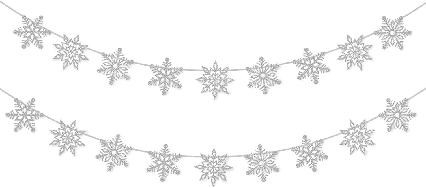 2 Pcs Silver Glitter Snowflake BannerSnowflake Winter Party Decorations Snowflake Garland Christmas Party Decorations (Silver)