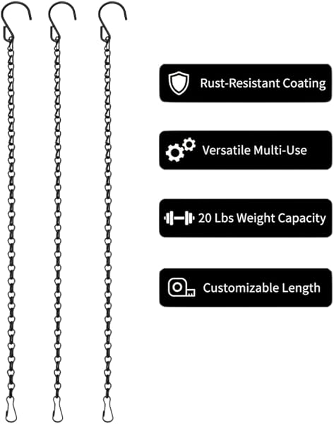 Kenovate 3 Pcs Hanging Chains with Hooks and Clips 19.7 Inch Metal Hanging Basket Chains Plant Hangers Flower Pot Chains for Bird Feeders Wind Chimes Lanterns Planters Indoor Outdoor Decor (Black) - 3