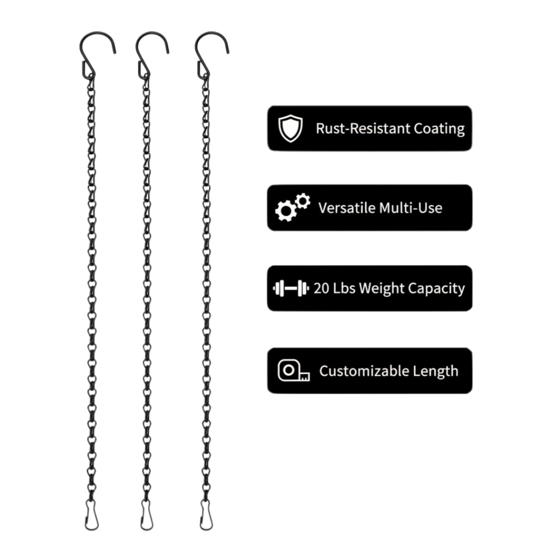 Kenovate 3 Pcs Hanging Chains with Hooks and Clips 19.7 Inch Metal Hanging Basket Chains Plant Hangers Flower Pot Chains for Bird Feeders Wind Chimes Lanterns Planters Indoor Outdoor Decor (Black) - 3
