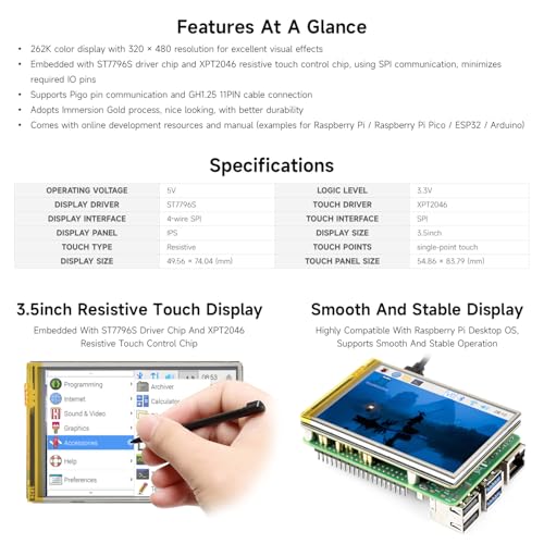 Image of Waveshare 3.5inch Resistive Touch Display, Compatible with Raspberry Pi 5 /4B /3B, Pi Pico, IPS Panel, 320x480, Immersion Gold Process, 262K Color