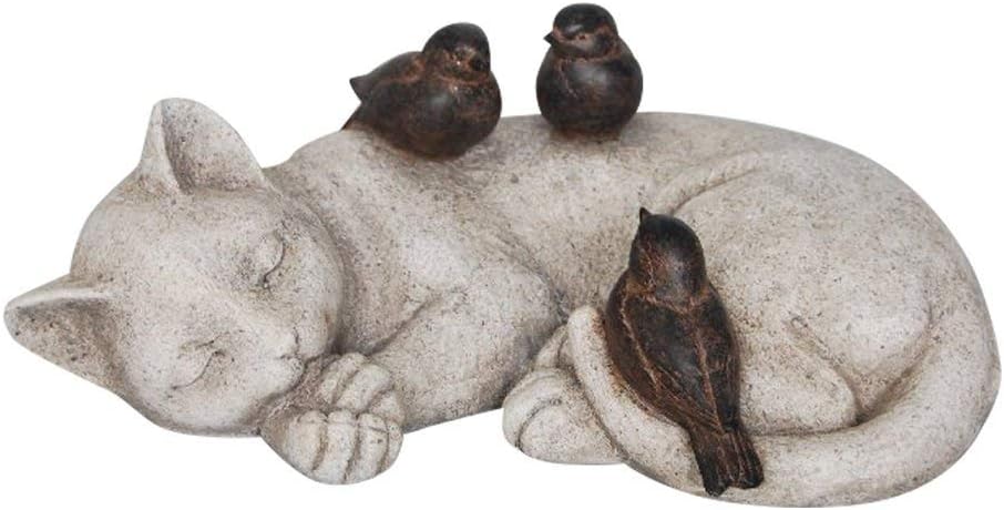 Comfy Hour 12" Sleeping Cat with Sparrows Garden Statue, Stone Look Cat Memorial Accent for Outdoor Indoor, Unique Cat Lover Present for Women, Sympathy Pet Remembrance Figurine, 1 Unit