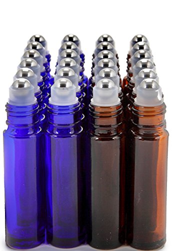 Vivaplex, 24, Amber & Cobalt Blue, 10 ml Glass Roll-on Bottles with Stainless Steel Roller Balls. 3-3 ml Droppers included2