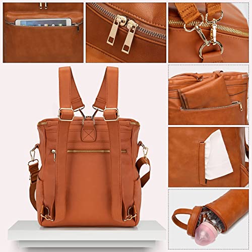 Image of Minsong Diaper Bag Backpack,Fashion Leather Mommy Backpacks,Travel Toddler Baby Diaper Bags with in Bag Organizer and Changing Pad (Brown)