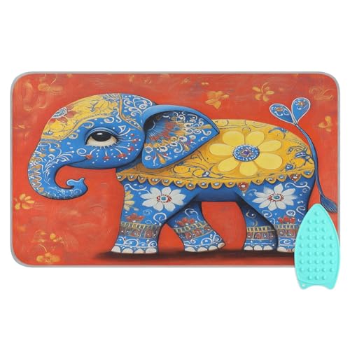 pnyoin Portable Ironing Mat Retro Happy Elephant Travel Ironing Pad with Silicone Iron Rest for Steam Pressing on Tabletop or Bed Heat Resistant Portable Quilting & Travel Blanket