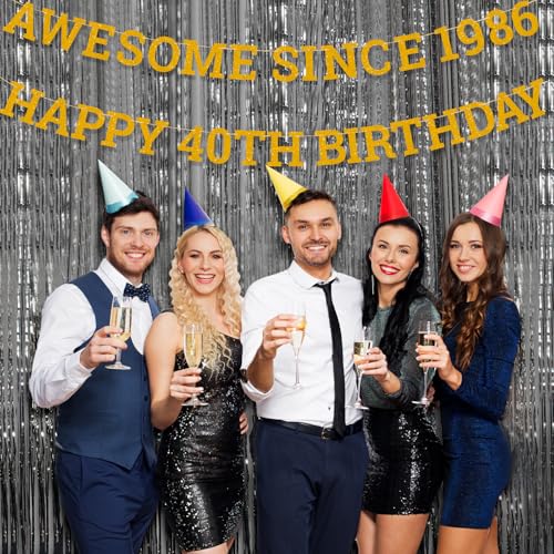 Image of Awesome Since 1986 Banner, Gold Glitter Happy 40th Birthday Banner Pre-Strung 40th Birthday Decorations for Anniversary Party Decor Supplies