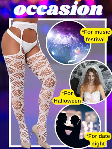 Image of Kaei&Shi Womens Thigh High Fishnet Garter Stockings Rave Party | Suspender Pantyhose, Sexy Tights for Date Night Club