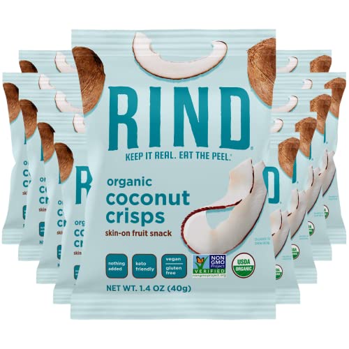 RIND Snacks | All Natural Coconut Crisps | Unsweetened | Dried Fruit Superfood | Snack Chips | Low Carbs | High Fiber | Keto | Gluten Free | Vegan | Paleo | Fruit Snacks | 1.4 oz | 12 Pack