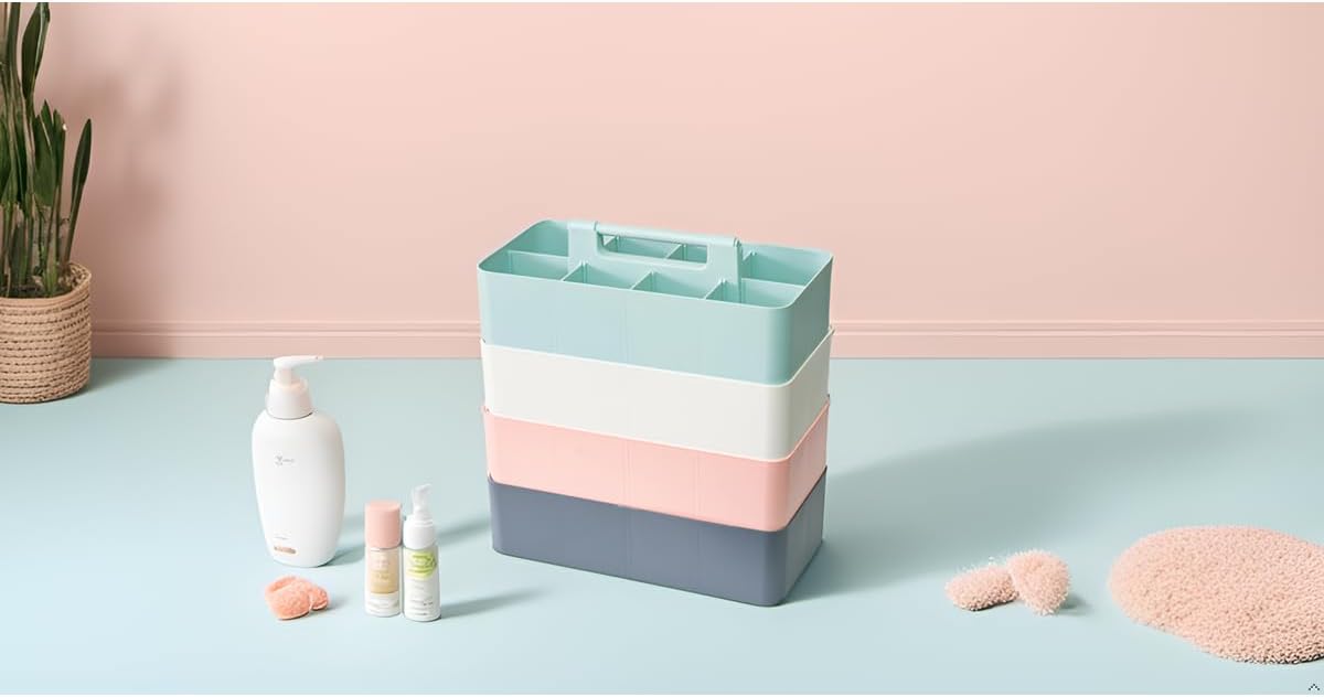 Portable Caddy Organizer - Stackable Plastic Caddy with Handle | Desk, Makeup, Dorm Caddy, Classroom Art Organizers (Made In Usa) (Mint/Ivory/Pink/Gray), OGMIX-4PACK