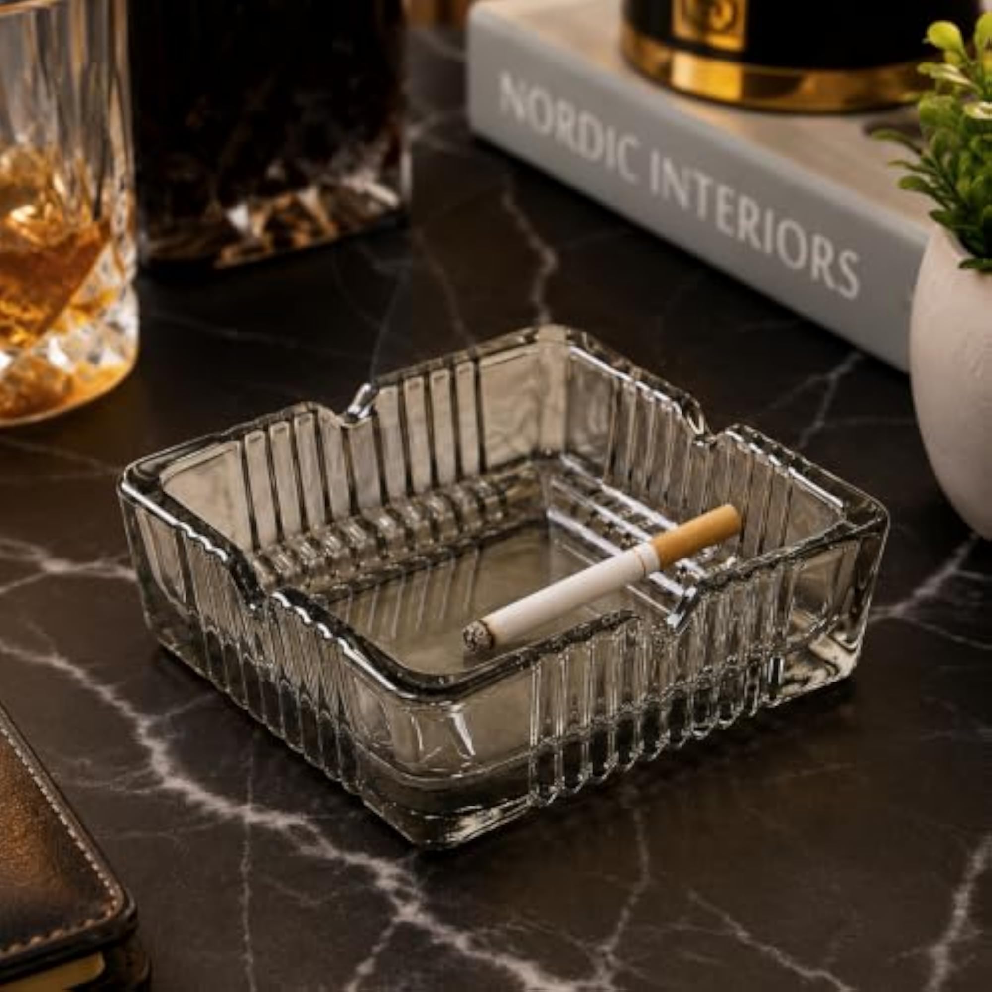 Square Glass Ashtray with Multiple Grooves