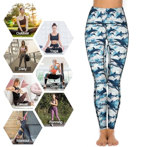 Blue Cool Shark Print Leggings for Women - High Waisted Yoga Pants Gym Workout Leggings with Pockets4
