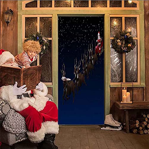 CBWRAW 3D Türtapete Fototapete Selbstklebend Türposter Abnehmbar PVC Fototapete Türfolie Stern Weihnachtsmann Muster Türaufkleber Für Wohnzimmer Erwachsene Kind Schlafzimmer Küche 77x200cm Cover