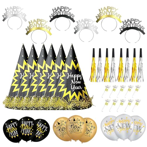 TELAOBAN - 2026 Nouvel An Chapeau, 39 Pièces Décoration du Nouvel An 2026, avec Nouvel An Chapeaux, Serre-tête, Ballons, Cornes, Sifflet, Nouvel An Accessoire de décoration, Kit de Decoration Nouvel An 2026