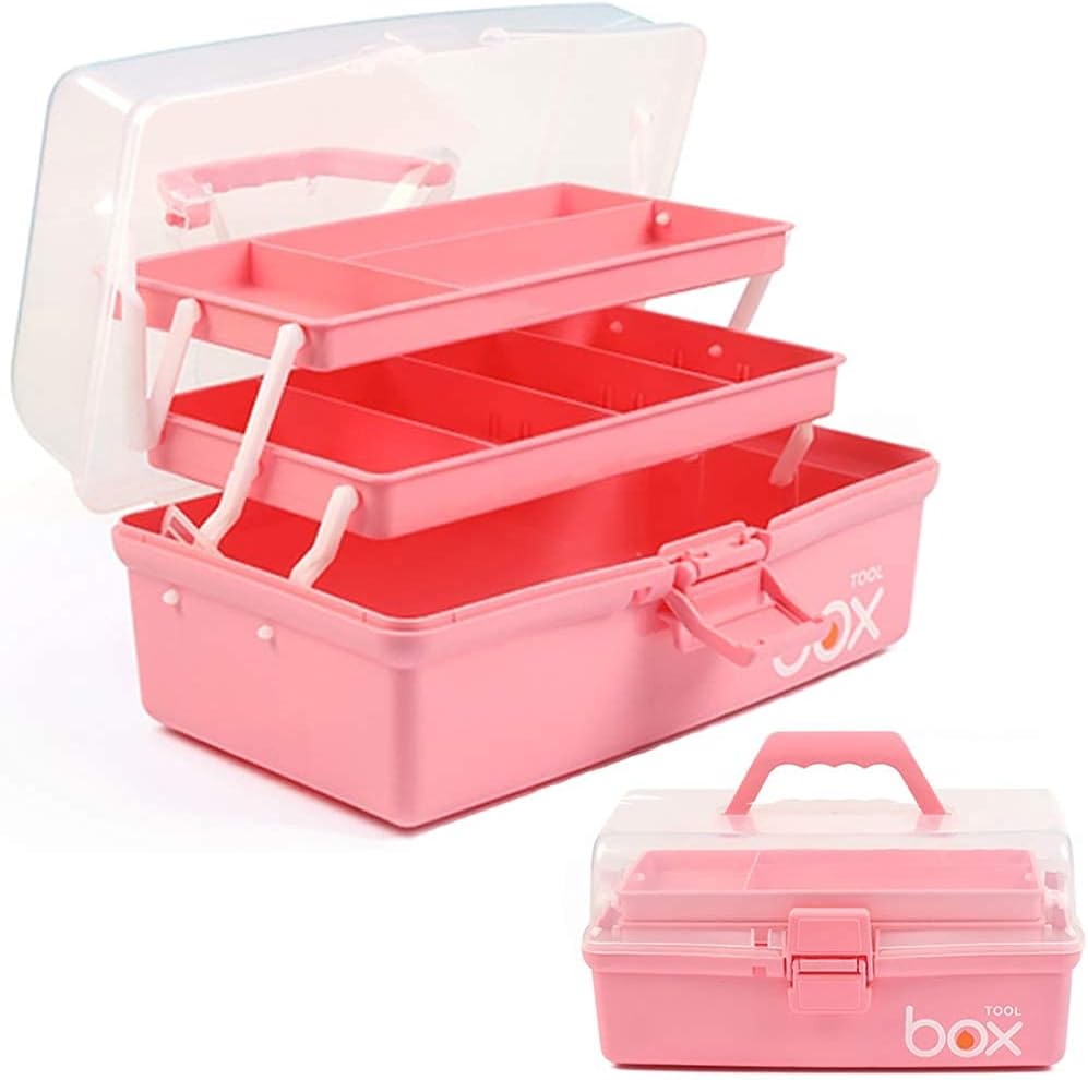 REMANG Multi-Purpose Plastic Tool Storage Box Art & Craft Sewing Supplies Case Portable 3 Layer Multipurpose Medicine Organizer Family Emergency First Aid Kit (Pink)