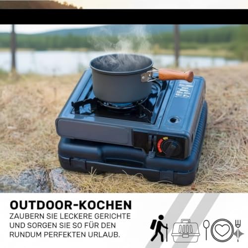 Gaskocher mit 4 Kartuschen - Campingkocher 2,2 kW mit Piezozündung - Camping Gaskocher mit Transportkoffer - Kartuschenkocher - Gas Kocher für Camping, Outdoor, Stromausfall – Bild 5