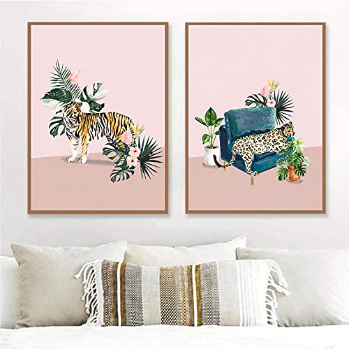 Vlolife Jungle Tiger And Cheetah Print Pink Animal Leopard Posters And Prints Tropical Botanical Pictures For Living Room Decor 2 Pieces No Frame 16X24Inchx2 Unframed #TOP6