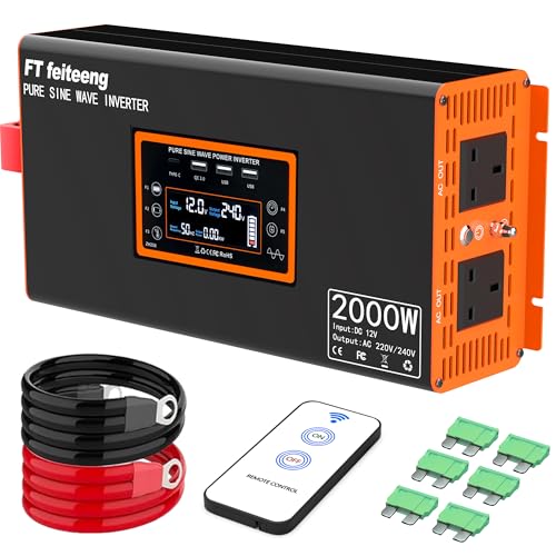 2000W/4000W Power Inverter 12V to 240V AC Pure Sine Wave Inverter Car Inverter DC 12v to AC 240V UK with AC Sockets Dual Car Adapter With LED Display Suitable for Travel RV Camping
