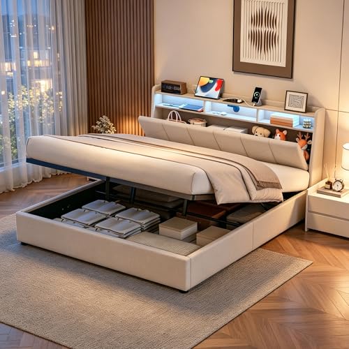Mydtt Polsterbett 180x200 cm Bett mit Stauraum Doppelbett LED Stauraum Kopfteil mit USB/TypC und Steckdose Hydraulisches Stauraumbett Bettgestell mit Lattenrost Ohne Matratze Leinen Beige