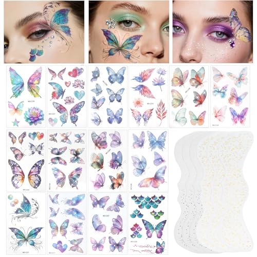 Yosca Butterflies Glitter Tattoos, 14Pcs Sparkle Butterfly Tempor...