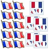 TIMJJG 10 Broches avec Drapeau Français Et 12 Autocollants De Tatouage, Mini Badges De Drapeau en Métal, Autocollants De Tatouage Temporaires avec Bras Imperméable, Décorations De Fête.