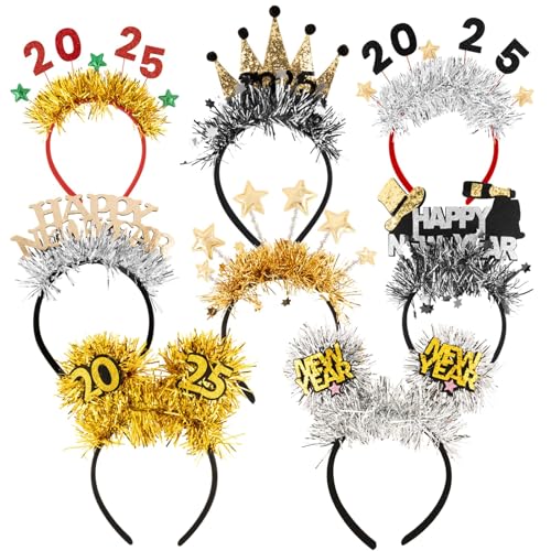 BOFUNX 8pcs Cerchietti per Capelli Capodanno 2025 Cerchietto Happy New Year Fascia per Capelli Capodanno 2025 Fascia Capodanno Festone Accessori per Capelli Capodanno 2025