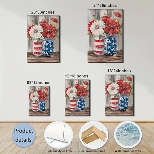 Image of Framed American Flag Mason Jar Flower Wall Art, Patriotic Farmhouse Canvas Art Pictures, USA Flag Wall Decor, Made in USA Ready to Hang for Kitchen Living Room