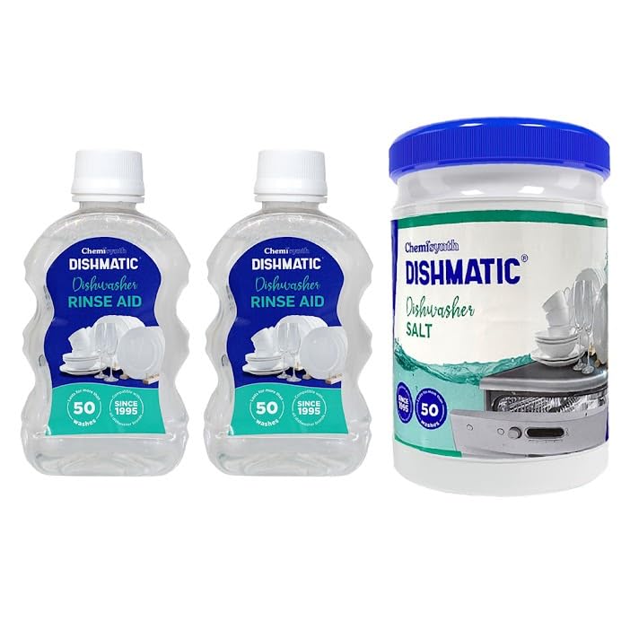 Dishmatic Dishwasher Salt and Rinse Aid [250 ml x 2 bottles + 1kg) | Automatic Dish Wash Liquid & Salt Powder Regular Combo Pack for Sparkling Clean Dishes-image-31