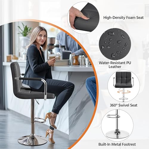 Image of Yaheetech Bar Stools Set of 2, Swivel with Backs, Adjustable Height, Gray